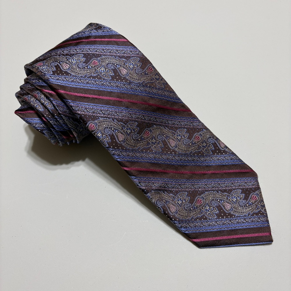 Paul Fredrick Men Paisley Striped Silk Necktie Brown 3 1/4"‎ x 58" Made In Italy